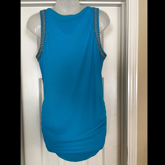 White‎ House Black Market Top Blue Silver Bead Drape Ruched Tunic,s. M - Picture 3 of 7